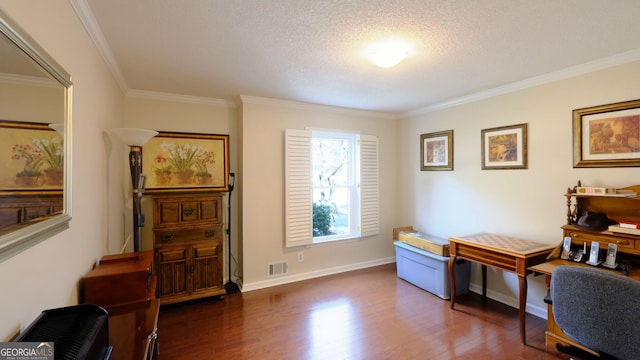 home office with crown molding, dark hardwood / wood-style floors, and a textured ceiling