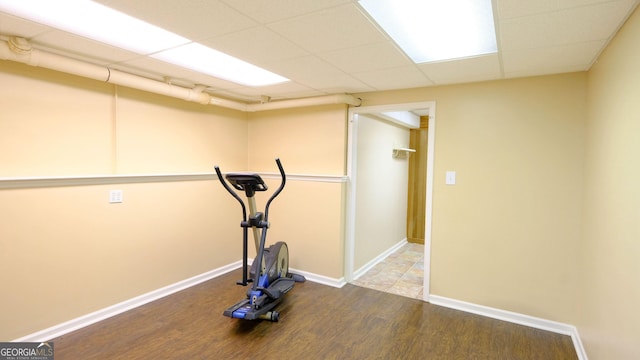 workout room featuring wood-type flooring and a drop ceiling