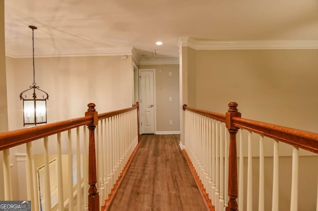 hallway with dark hardwood / wood-style flooring and ornamental molding