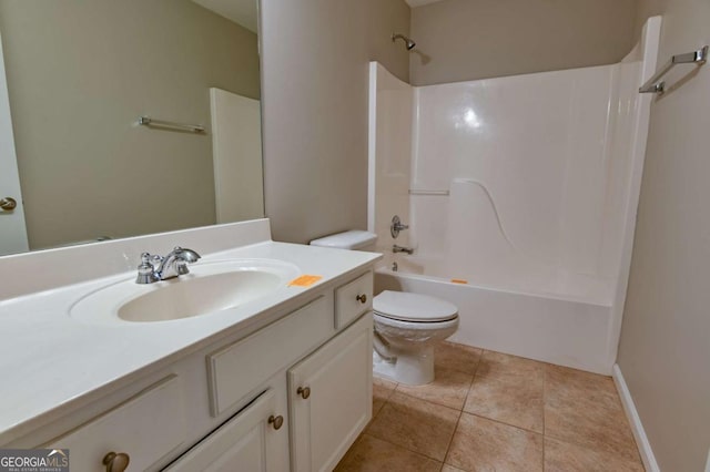 full bathroom featuring vanity, shower / tub combination, tile patterned floors, and toilet