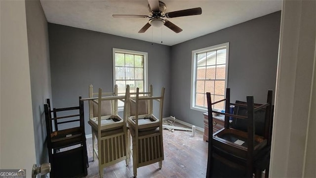 office area with hardwood / wood-style flooring, plenty of natural light, and ceiling fan