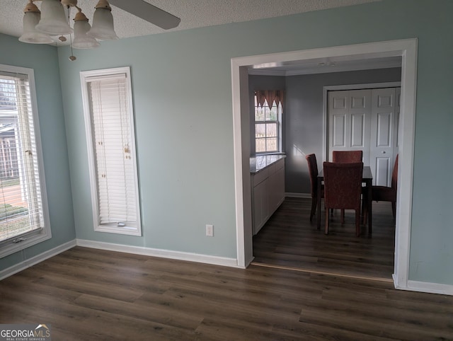 dining area featuring ceiling fan, a wealth of natural light, dark hardwood / wood-style floors, and a textured ceiling