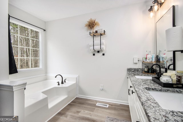 bathroom featuring vanity, a healthy amount of sunlight, hardwood / wood-style floors, and a washtub