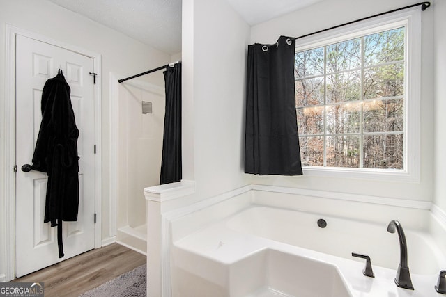 bathroom featuring hardwood / wood-style flooring and independent shower and bath