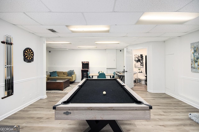 recreation room featuring billiards, light hardwood / wood-style flooring, and a drop ceiling