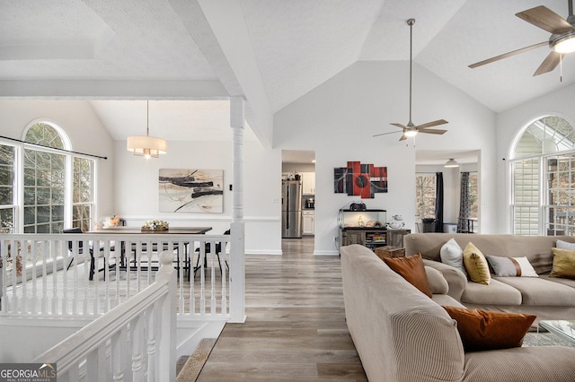 living room featuring wood-type flooring, high vaulted ceiling, and a notable chandelier