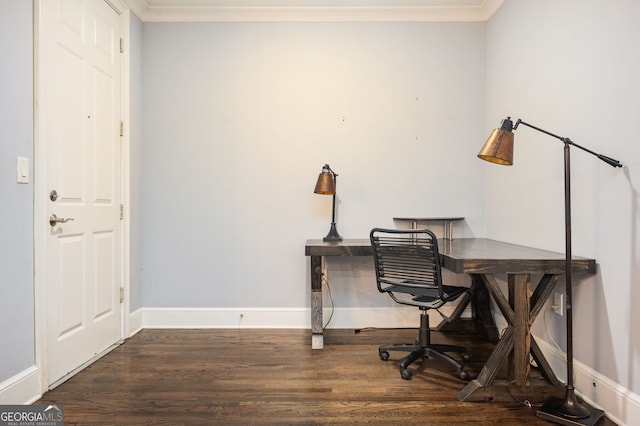 office space featuring ornamental molding and dark hardwood / wood-style floors