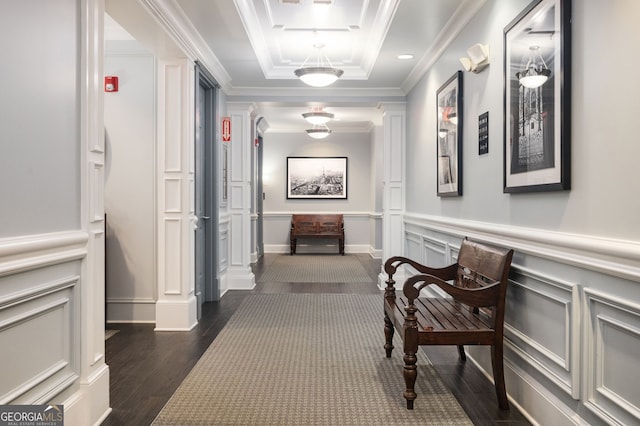 hall featuring ornamental molding, dark hardwood / wood-style floors, and a raised ceiling