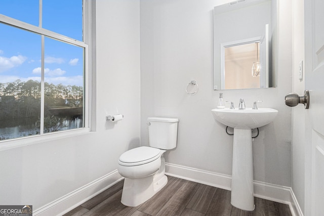 bathroom with a water view, toilet, and hardwood / wood-style floors