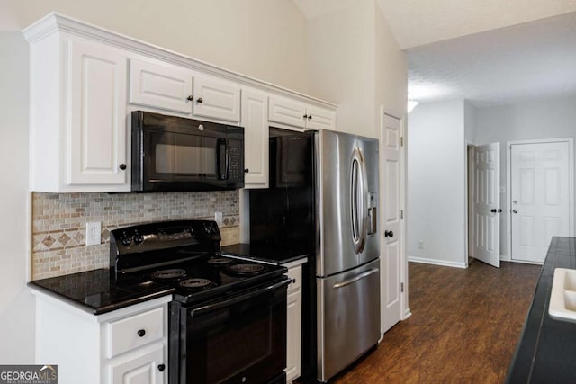 kitchen featuring white cabinets, dark hardwood / wood-style floors, decorative backsplash, and black appliances