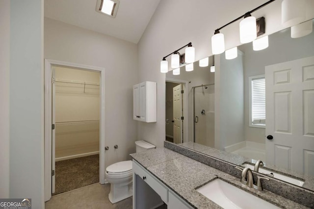 full bathroom featuring toilet, vanity, shower with separate bathtub, and vaulted ceiling