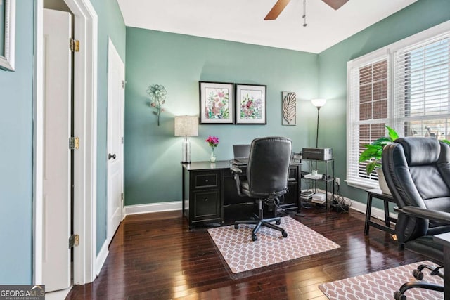 office space with dark hardwood / wood-style floors and ceiling fan