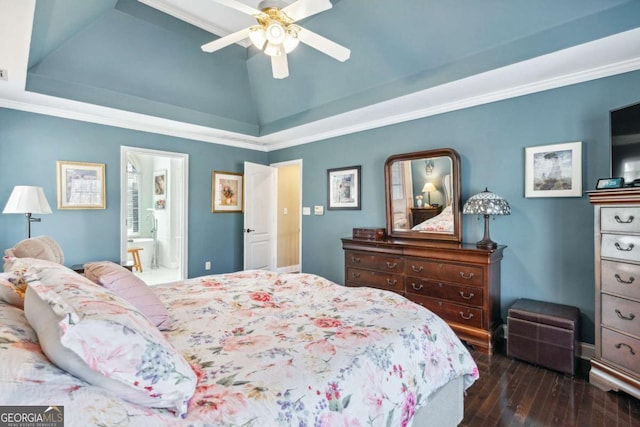 bedroom with ensuite bathroom, dark hardwood / wood-style floors, lofted ceiling, ornamental molding, and ceiling fan