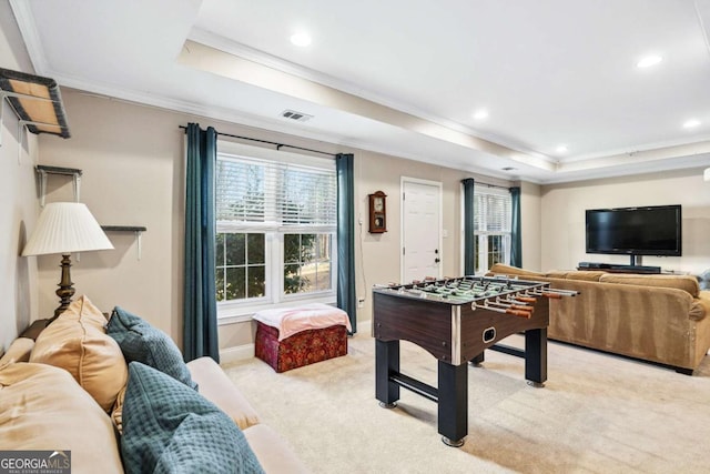 playroom featuring crown molding, light colored carpet, and a raised ceiling