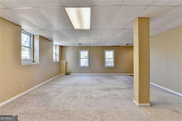 basement with plenty of natural light, light carpet, and a drop ceiling