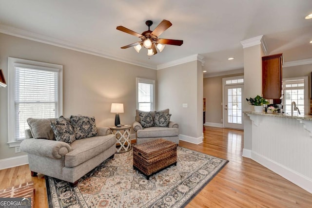 living room with crown molding, a wealth of natural light, ceiling fan, and light wood-type flooring