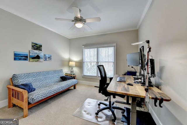 carpeted office with ornamental molding and ceiling fan