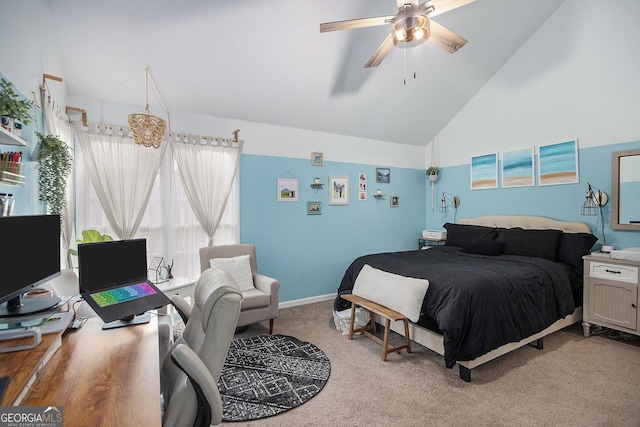 carpeted bedroom with high vaulted ceiling and ceiling fan