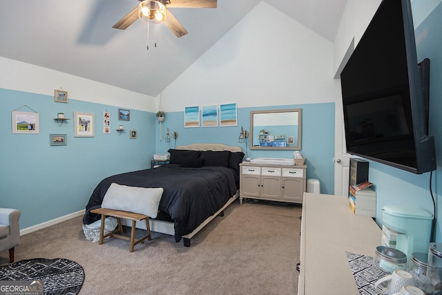 bedroom featuring ceiling fan, high vaulted ceiling, and light carpet