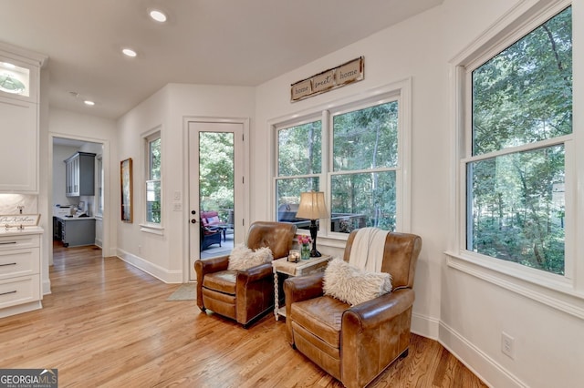 sitting room with light hardwood / wood-style flooring