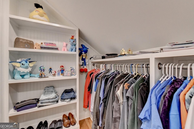 spacious closet with hardwood / wood-style floors and vaulted ceiling