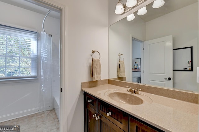 full bathroom featuring vanity, tile patterned floors, shower / bath combination with curtain, and toilet