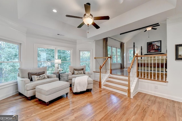 interior space featuring a raised ceiling, wood-type flooring, and ceiling fan