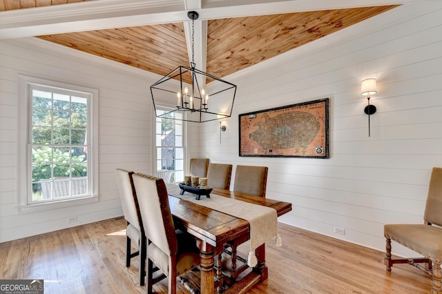 dining area featuring light wood-type flooring, a chandelier, and wood ceiling