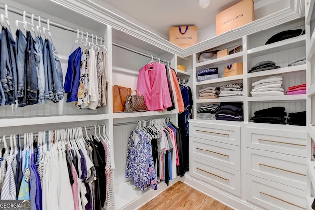 walk in closet with light hardwood / wood-style floors