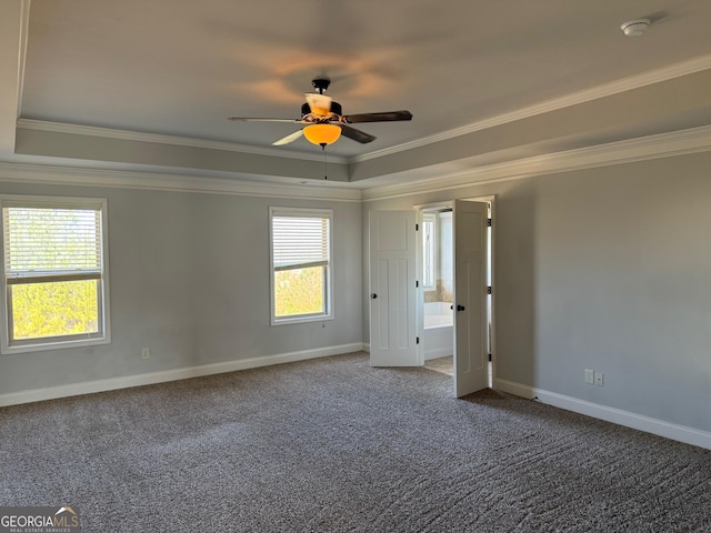 carpeted spare room with ceiling fan, ornamental molding, and a raised ceiling