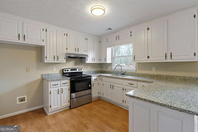 kitchen featuring sink, light hardwood / wood-style flooring, electric stove, light stone countertops, and white cabinets