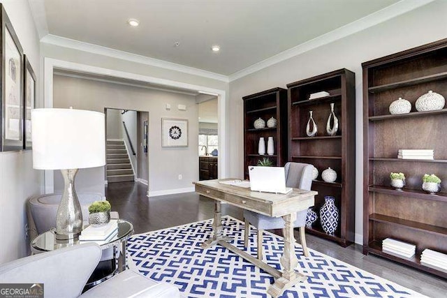 office area with ornamental molding and dark hardwood / wood-style floors