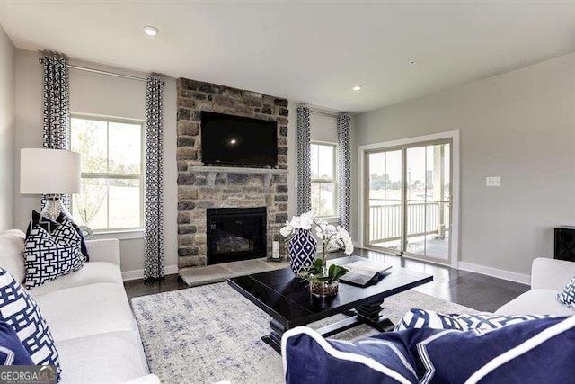 living room with a stone fireplace and dark hardwood / wood-style floors