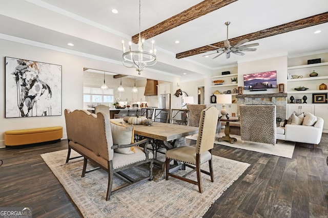 dining area with beam ceiling, crown molding, and dark hardwood / wood-style flooring