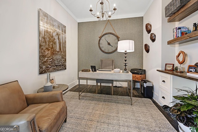 home office featuring crown molding, wood-type flooring, and an inviting chandelier