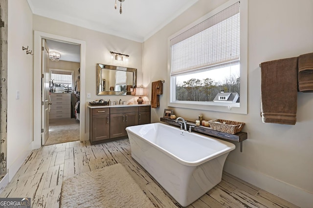 bathroom with vanity, hardwood / wood-style floors, and a bathtub