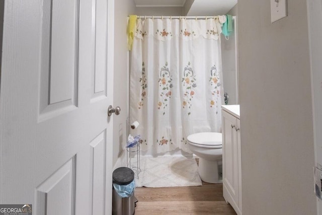 bathroom featuring vanity, hardwood / wood-style floors, and toilet