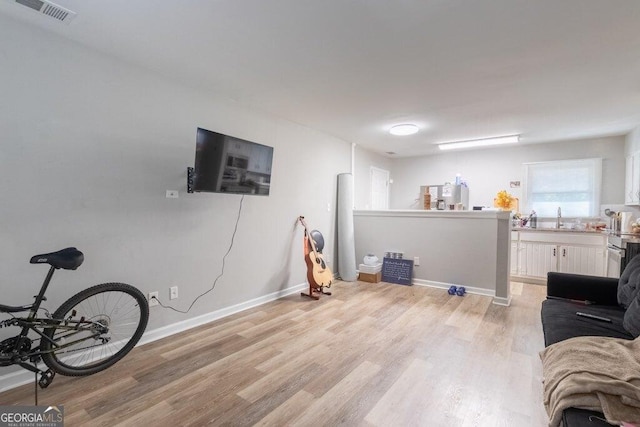 living room featuring sink and light hardwood / wood-style flooring