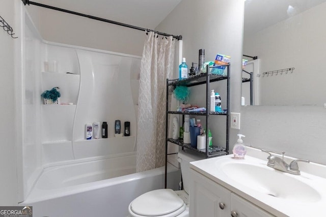 full bathroom featuring vanity, shower / bathtub combination with curtain, and toilet