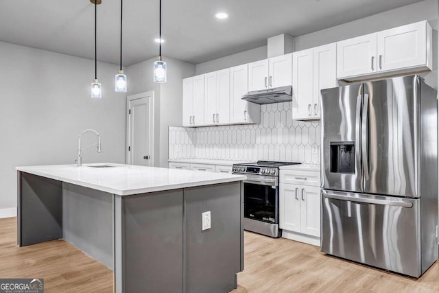 kitchen featuring white cabinetry, an island with sink, appliances with stainless steel finishes, and sink