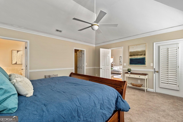 bedroom with connected bathroom, ornamental molding, light colored carpet, and ceiling fan