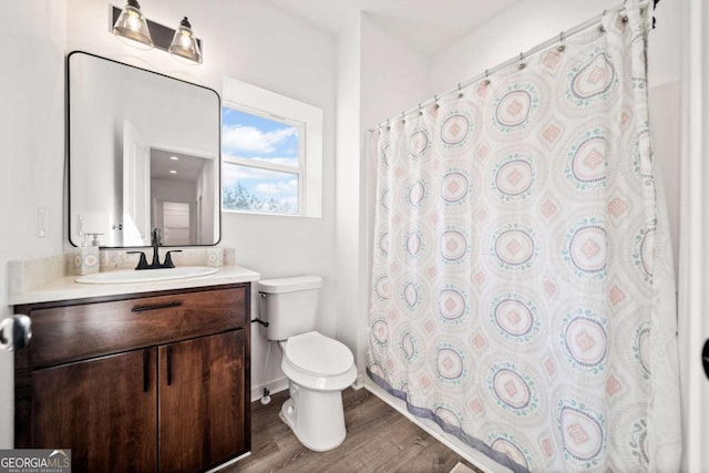 bathroom with vanity, hardwood / wood-style flooring, and toilet