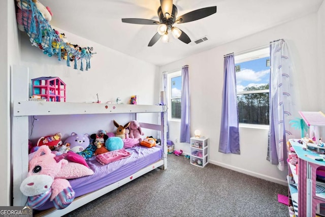 bedroom featuring ceiling fan and carpet flooring