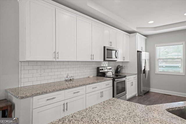 kitchen featuring white cabinetry, light stone counters, appliances with stainless steel finishes, a tray ceiling, and backsplash