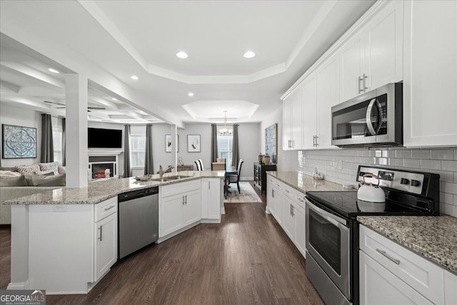 kitchen featuring white cabinetry, stainless steel appliances, dark wood-type flooring, and light stone counters