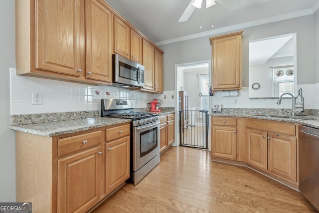 kitchen featuring sink, ornamental molding, light stone counters, stainless steel appliances, and light wood-type flooring