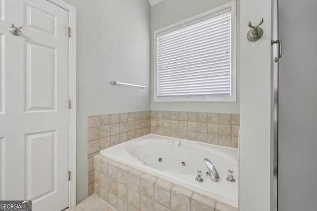 bathroom featuring tile patterned flooring and plus walk in shower