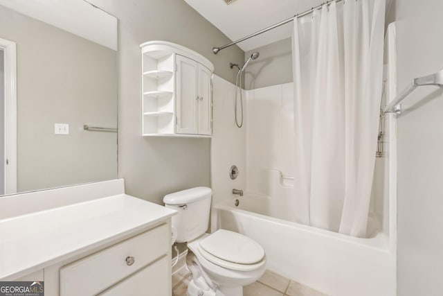 full bathroom with vanity, tile patterned floors, shower / bath combination with curtain, and toilet