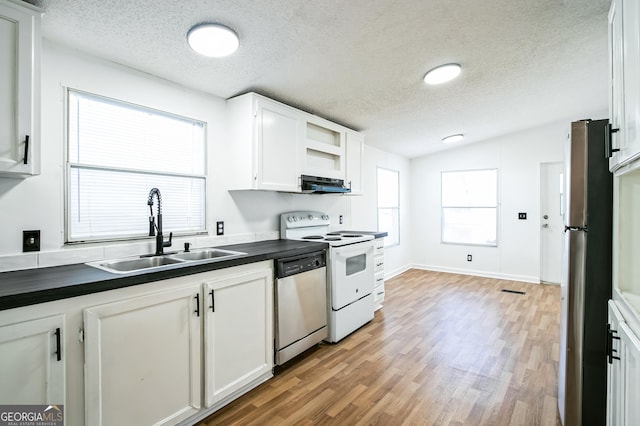 kitchen featuring appliances with stainless steel finishes, ventilation hood, white cabinetry, lofted ceiling, and sink