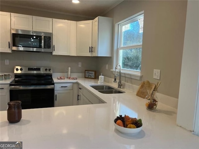 kitchen featuring stainless steel appliances, white cabinetry, sink, and crown molding